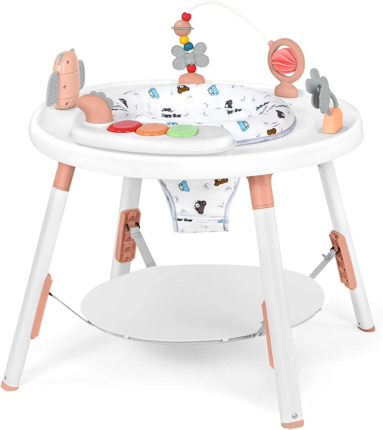 Detail of the interactive toy attachments on the 3-in-1 baby jumper and activity center, developmental toy