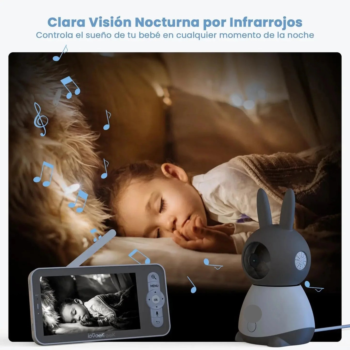 Advanced baby monitor with a 5" screen, 2K PTZ camera, motion tracking, and full app control for modern parenting.