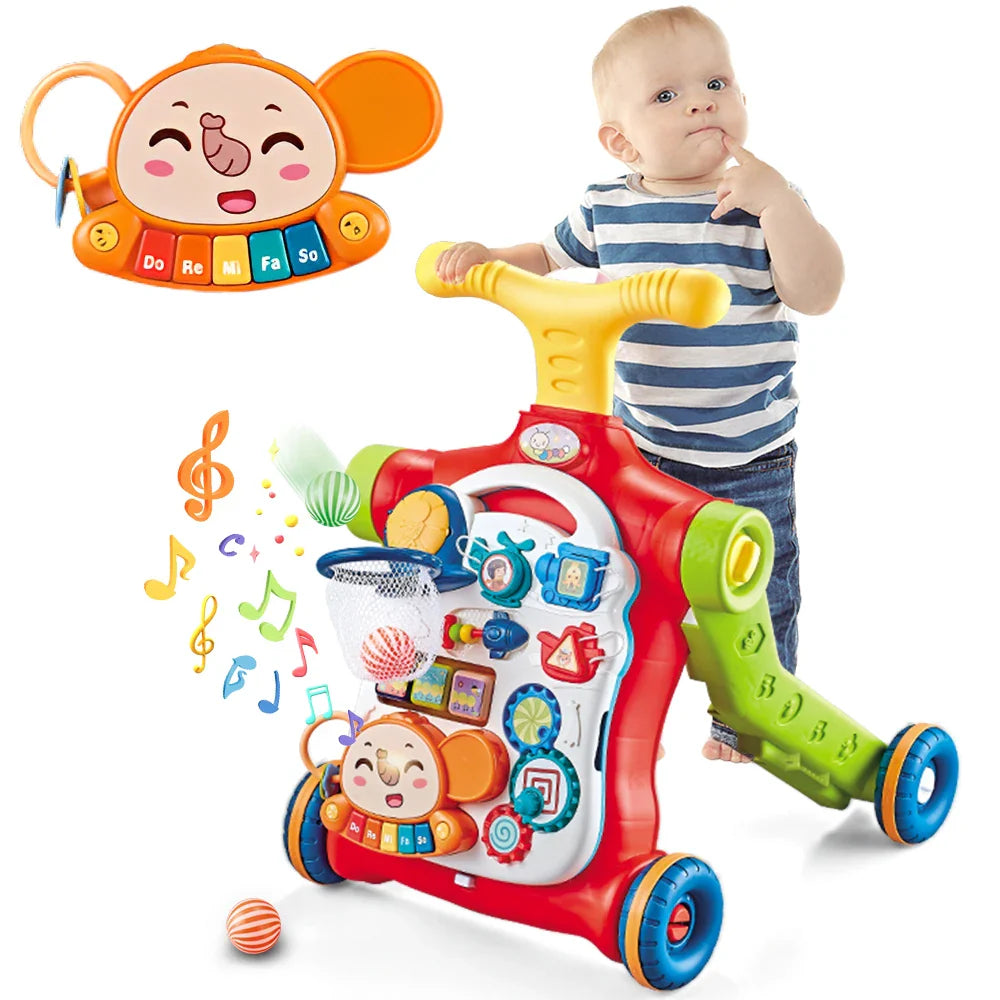 Happy baby pushing the sit-to-stand learning walker, a fun and engaging developmental toy