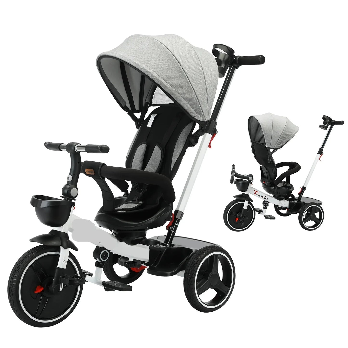 Durable 5-in-1 children's tricycle with canopy, basket, and ergonomic design