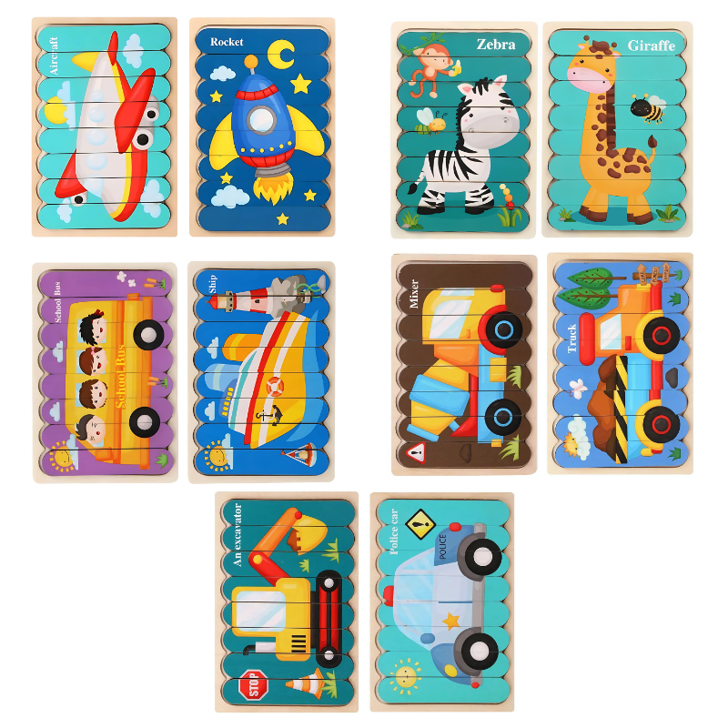 Assorted wooden animal puzzles on a white background, perfect brain development gift