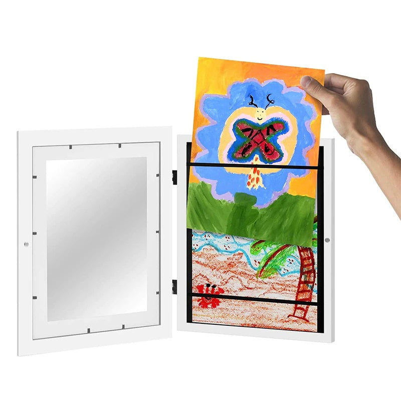 Magnetic A4 frame designed for children's art, holding multiple small drawings, enhances creative play display.