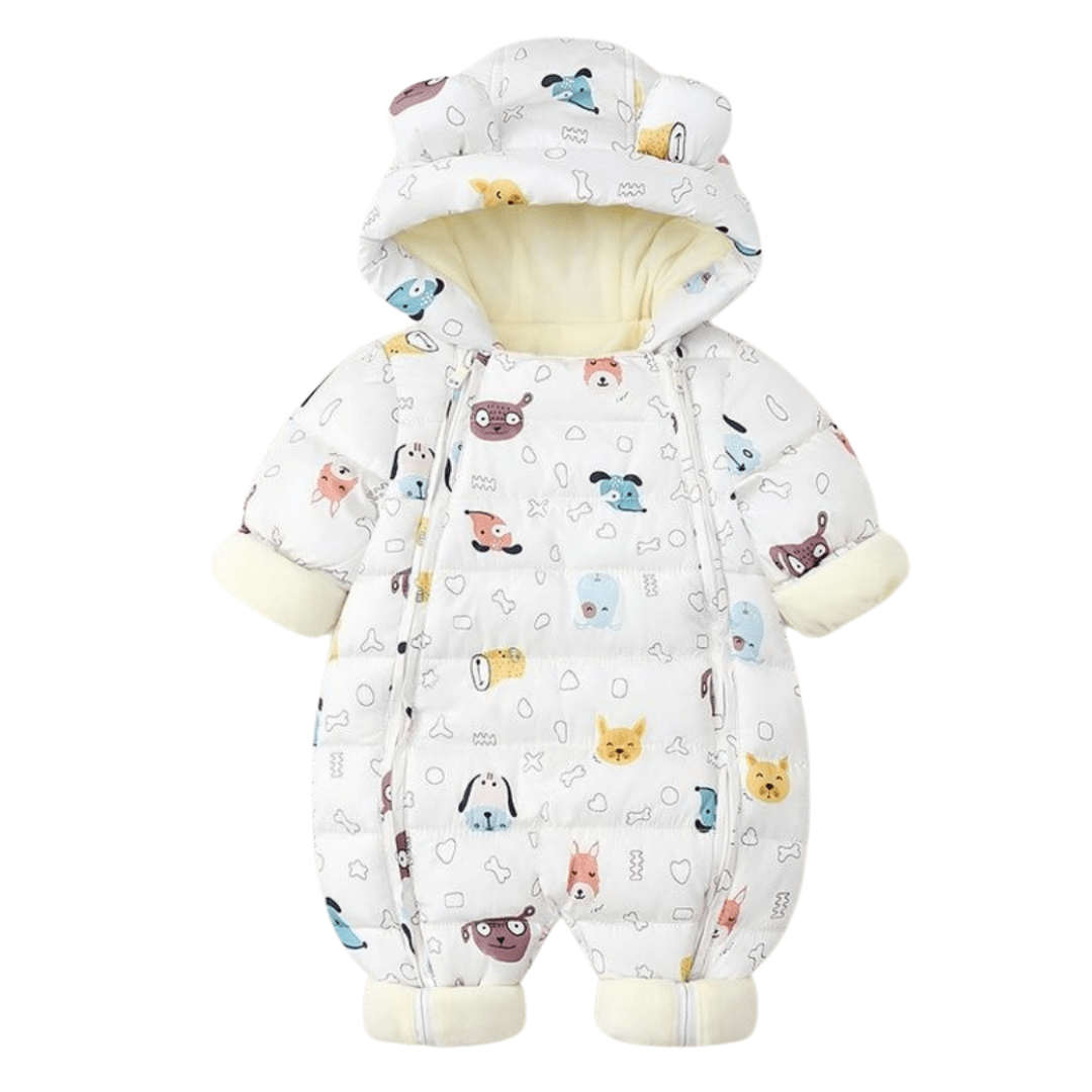 Cozy baby winter clothing: hooded parka jumpsuit with playful cartoon design