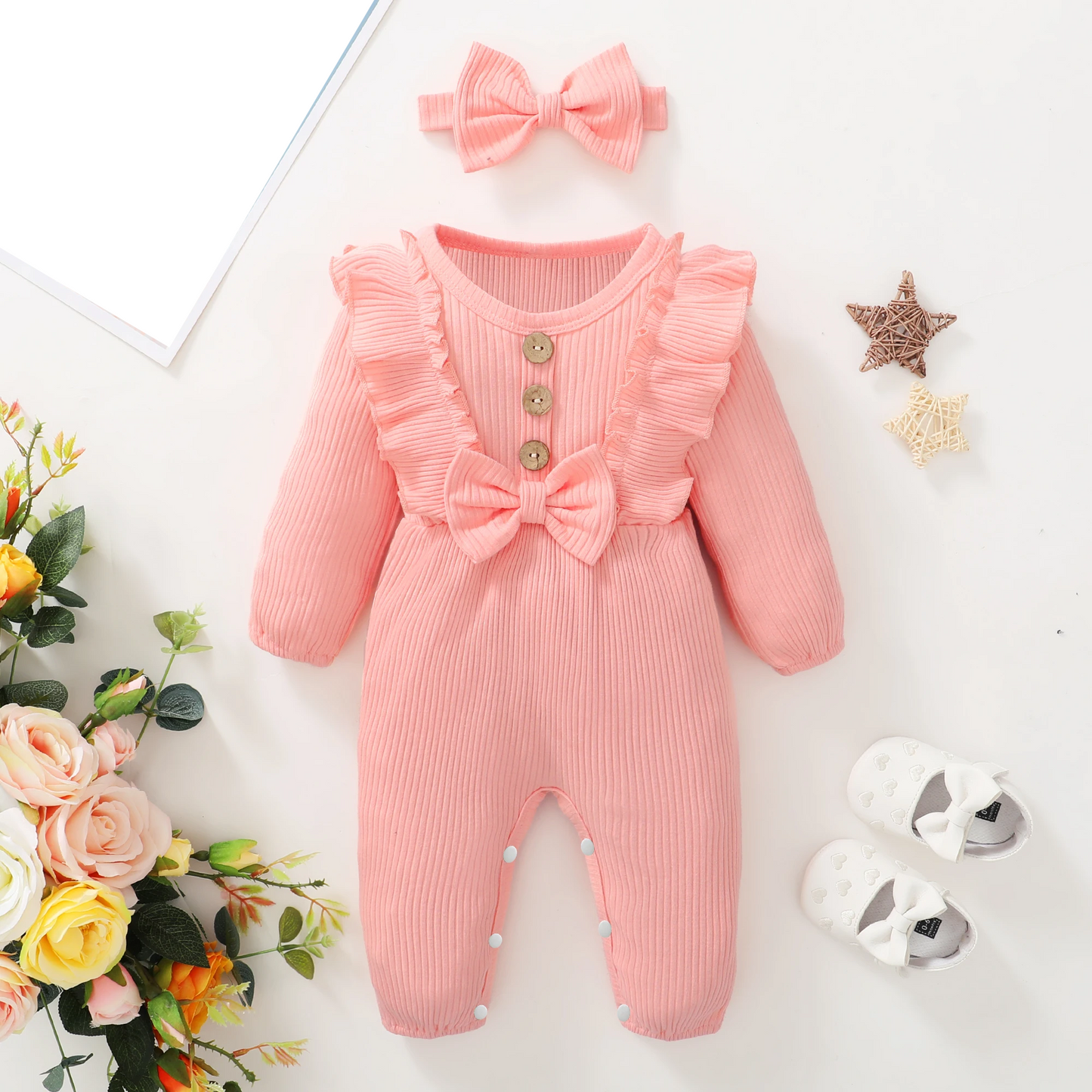 Stylish long sleeve baby romper for girls, pink cotton blend, perfect infant gift