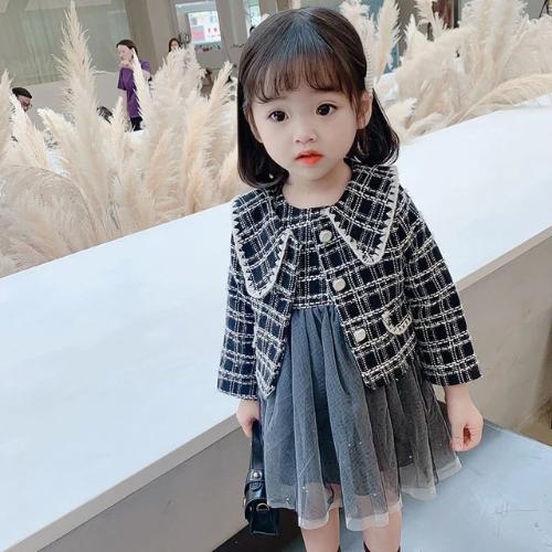 Chic girls' plaid jacket and mesh dress combo, a fashionable and comfortable special occasion outfit.