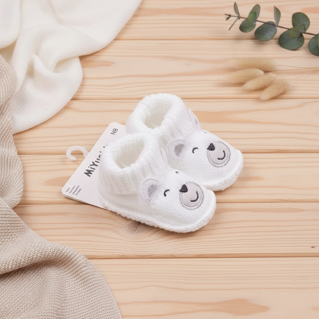 Durable knitted non-slip baby booties, offering both style and safety for little feet.