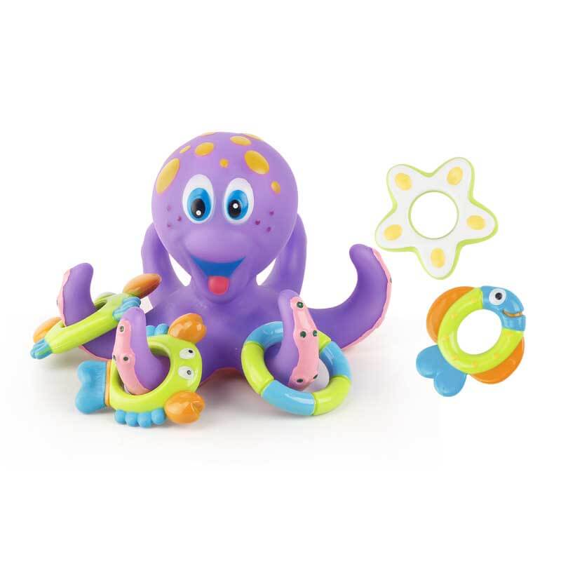 Package showing octopus bath ring toss game, a great BPA free gift for baby & toddler