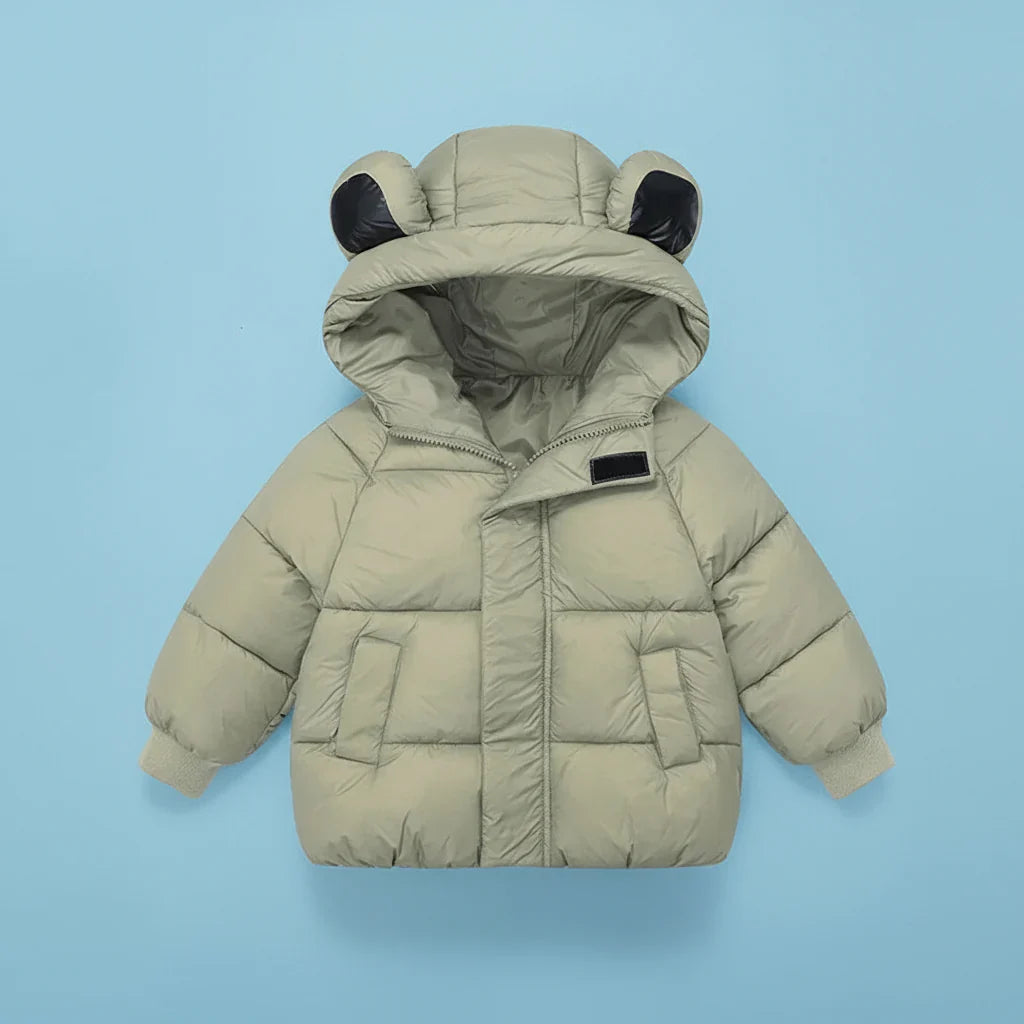 Detail of the bunny ears on the hooded toddler coat, adding a fun touch to kids outerwear.