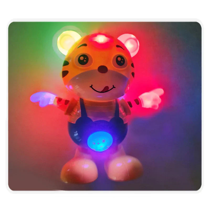 Happy baby interacting with the electric dancing tiger, a captivating musical early education toy