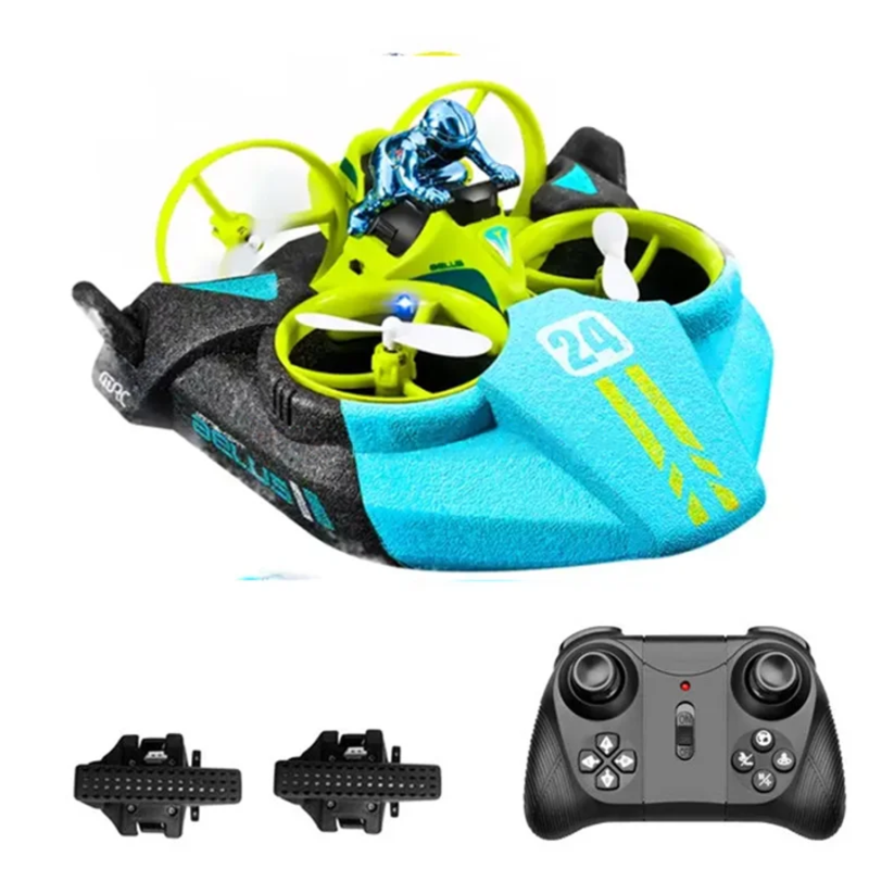 Packaging of the AirCruiser 3-in-1 RC drone, highlighting its air, land, water features and keywords.