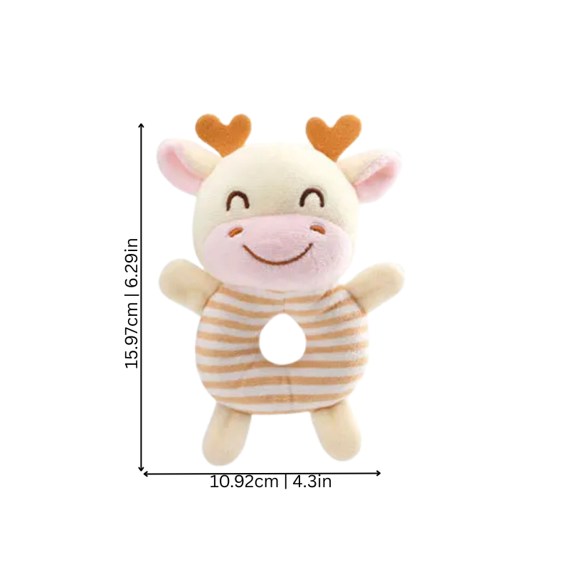 Infant sensory development toy set: plush animal rattles and teethers for soothing gums, bright colors.