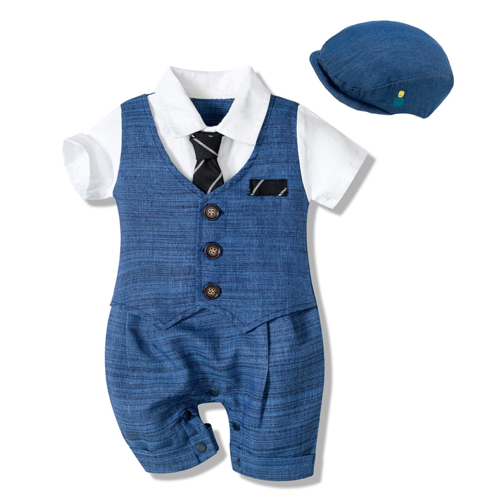Baby boy's blue formal wear: a comfortable cotton jumpsuit with a stylish vest, gentleman look.