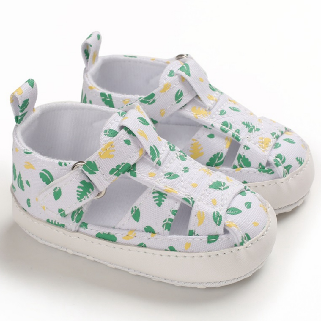 First walker baby boy sandals, patterned blue canvas, featuring a convenient snap closure