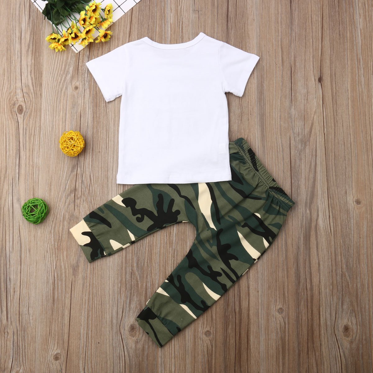 Baby summer clothes: Super soft white t-shirt with cool camouflage pants for little boys.