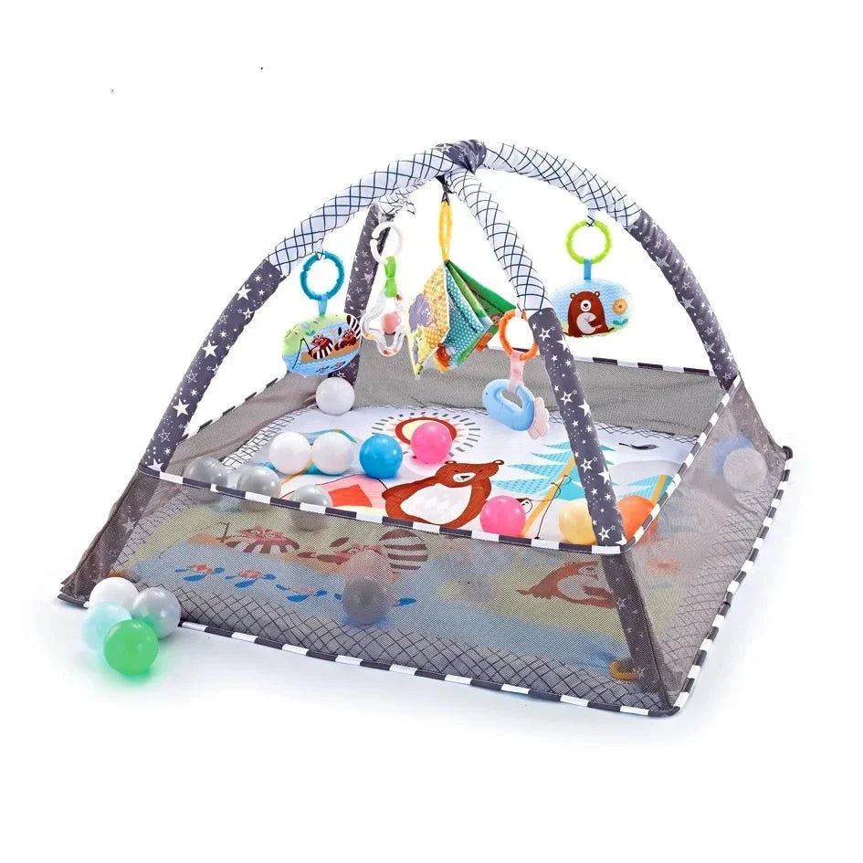 Nursery decor: durable baby crawling mat & safety fence, providing a secure and educational infant zone.
