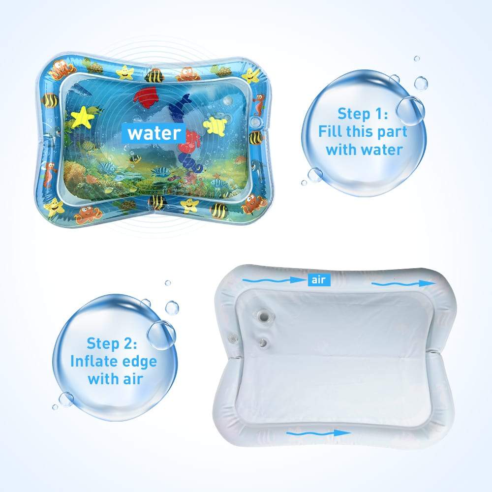 Toddler entertained by the colorful, squishy surface of the water-filled tummy time play mat.