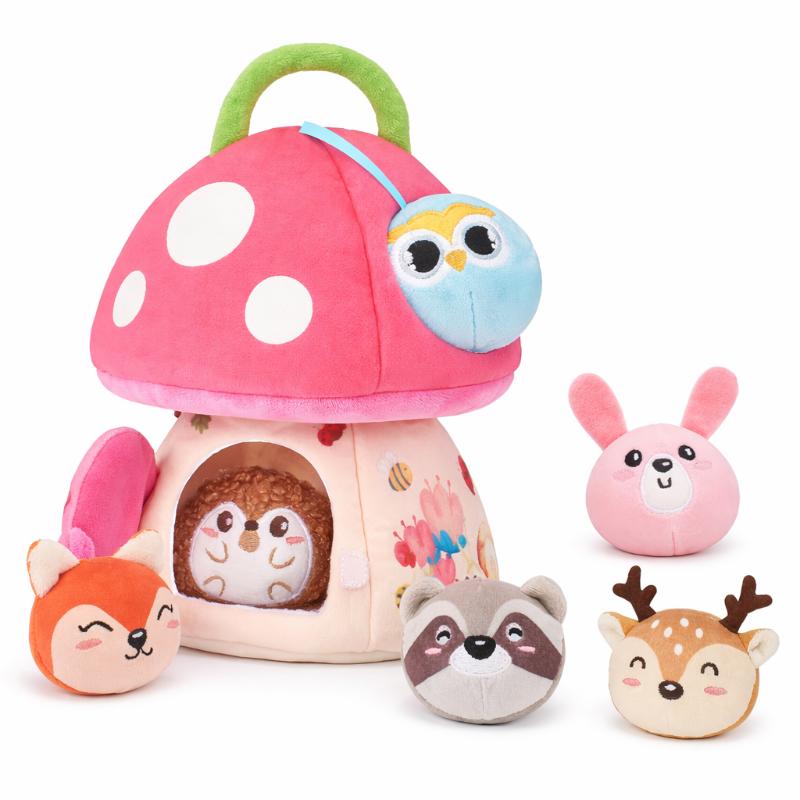 Montessori-inspired baby sensory mushroom toy with crinkle sounds for infant tactile and auditory exploration.
