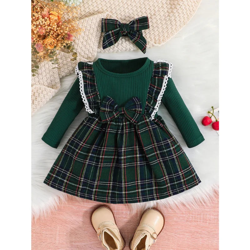 Baby girl's plaid princess dress, modeled by a happy toddler, perfect for parties and play, 3M-3Y
