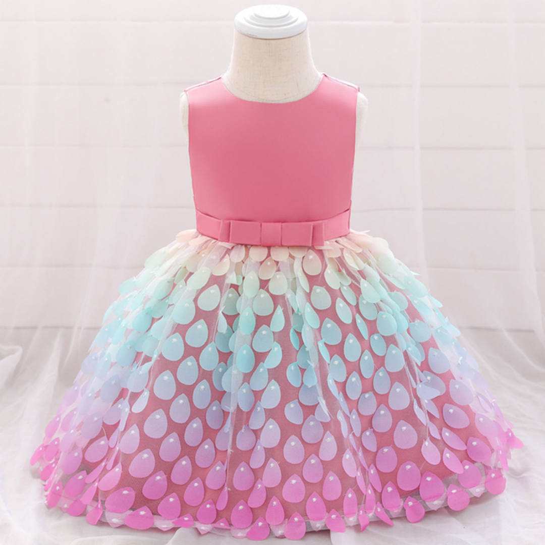 Mermaid princess dress for baby girls, sleeveless design with a sparkle scale print and a flowing pink petal skirt