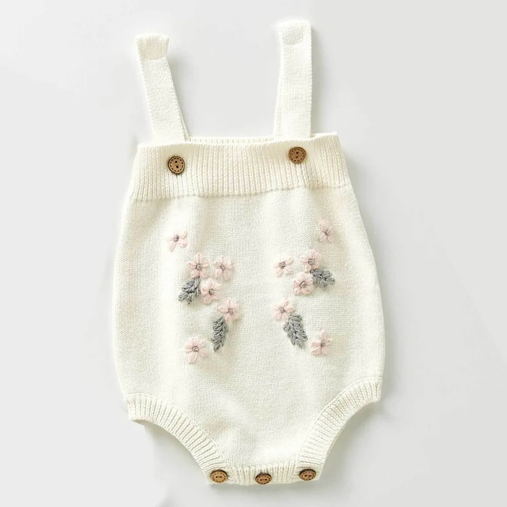 Soft cotton knitted romper and cardigan for baby girl, adorned with beautiful flower embroidery. Autumn baby outfit.