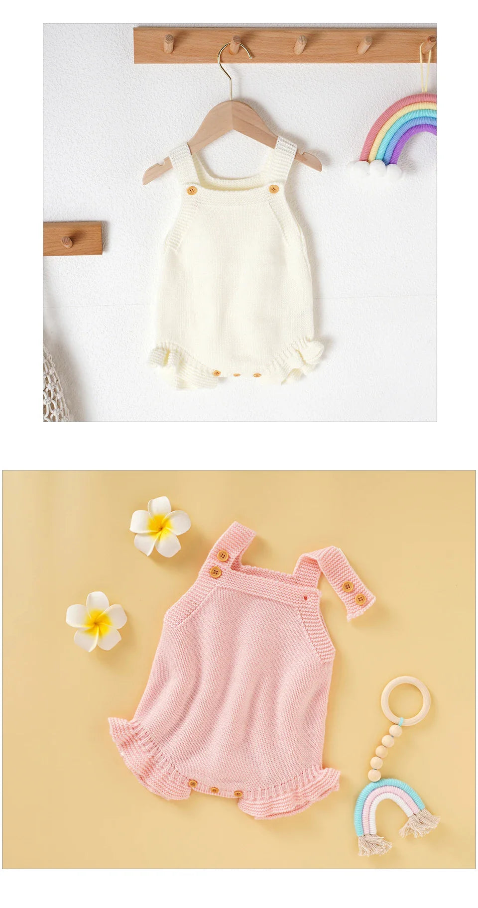 Soft pink knitted baby romper for warm days, comfortable with a square collar