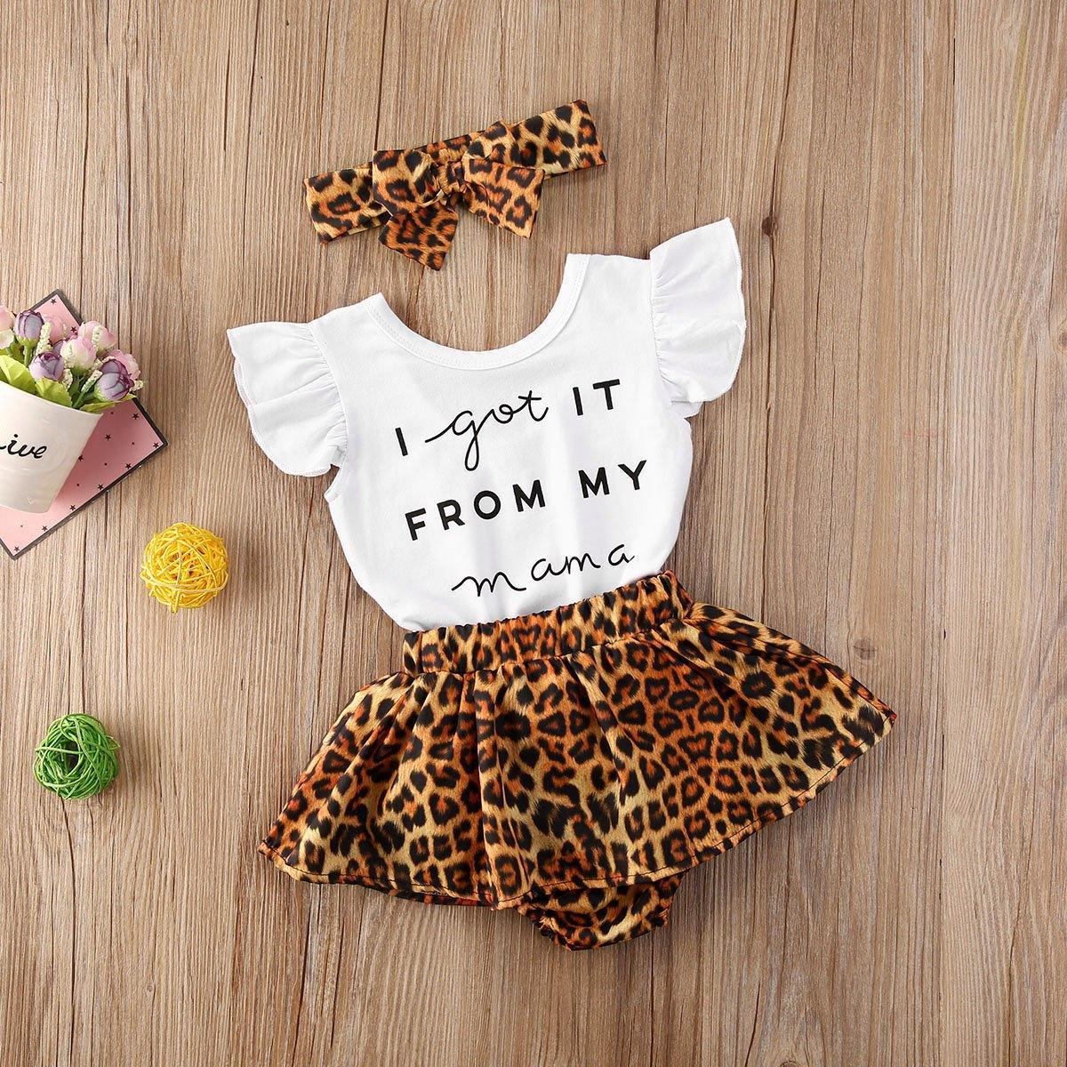 Toddler girl's 'Mama and Me' inspired romper with leopard spotted skirt and infant fashion accessory headband
