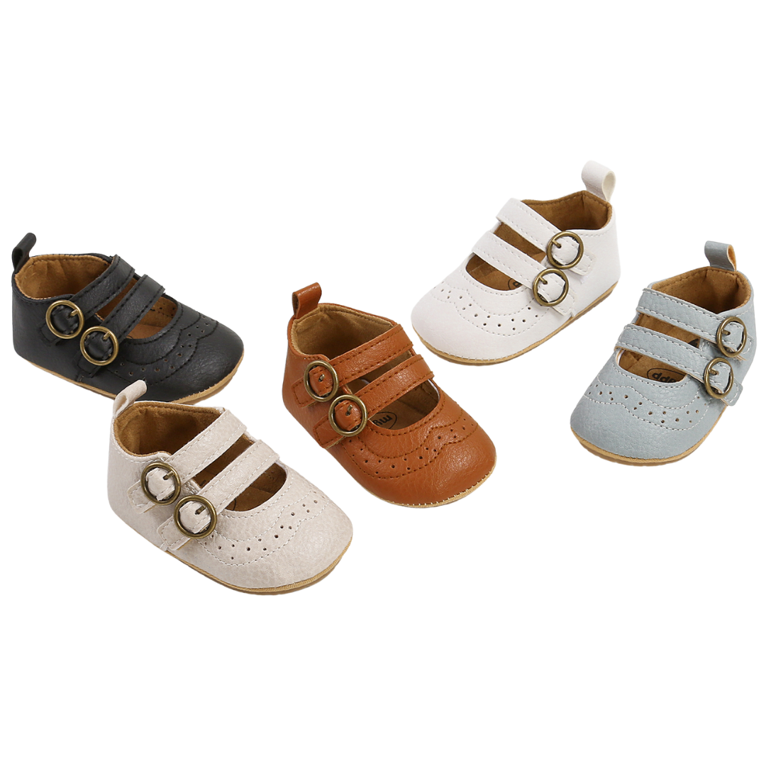 Soft sole first walker shoes for infant girls, designed for comfort and support with hook and loop.