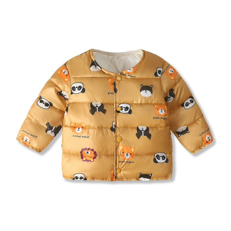 Adorable pink winter parka for baby girls, featuring a charming duck print, warm and comfortable.