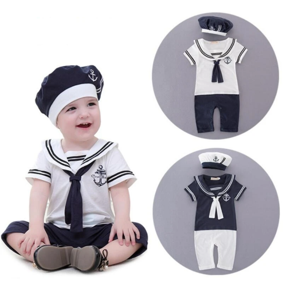Close-up of baby navy captain jumpsuit with embroidered details, an adorable infant wear romper