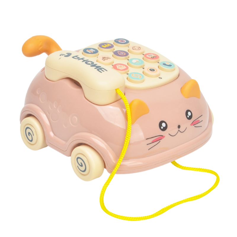 Smiling baby grasping a durable interactive learning phone toy, designed for cognitive development and sensory play.