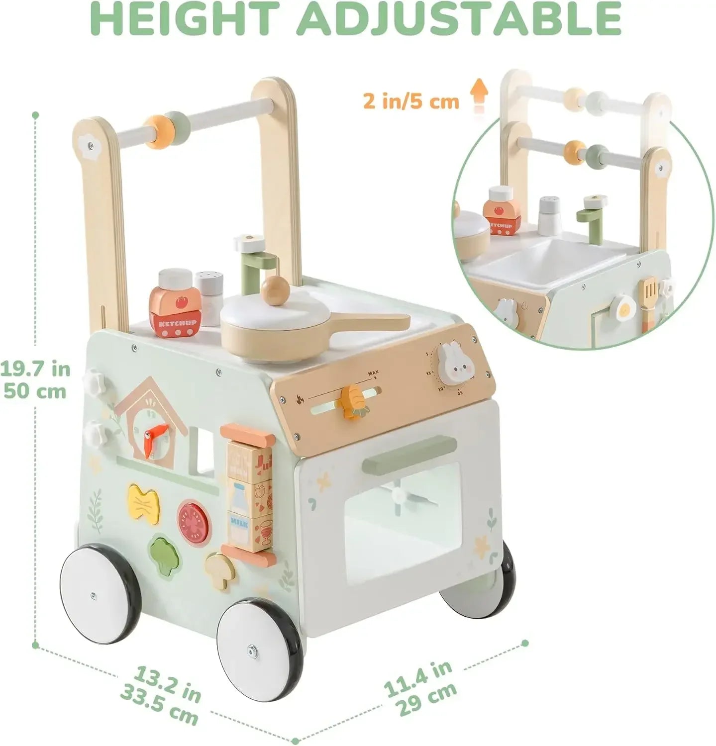 Montessori wooden push walker with interactive kitchen features, supporting toddler's balance and play