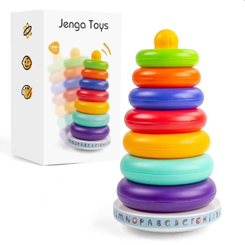 Stacked Rainbow Rings forming a tower, a fun and educational activity toy for toddlers & infants