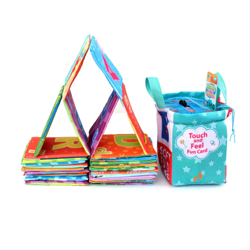 Infant sensory toy: soft cloth book set designed for early learning and toddler development.