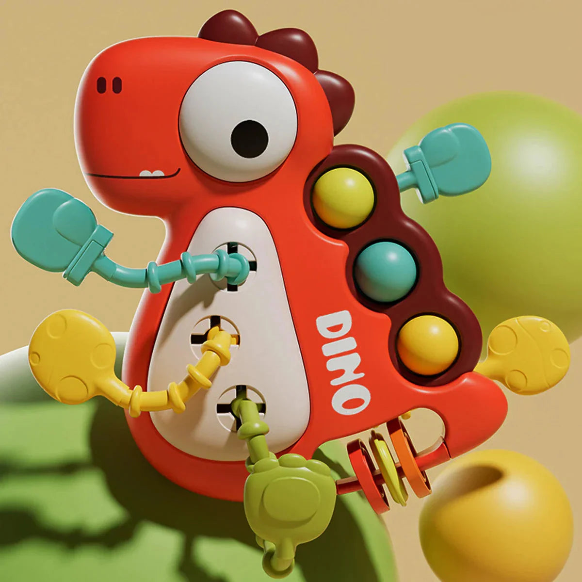 Soft silicone baby dinosaur pull toy, a montessori learning resource for teething and hand-eye coordination.