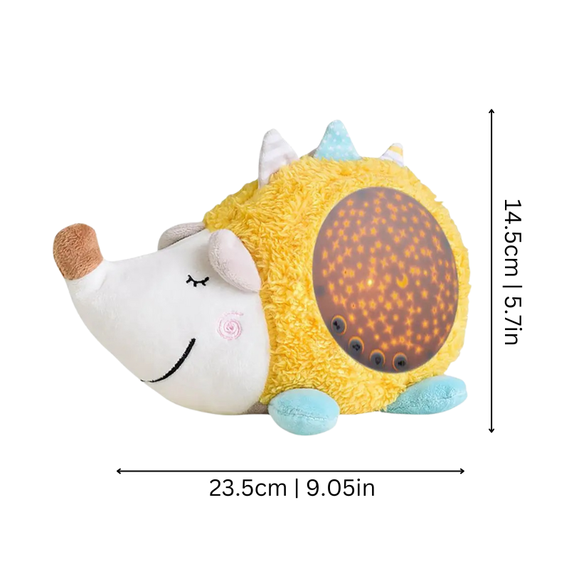 Cute hedgehog crib toy with built-in night light projector and soothing sounds, perfect baby gift to help sleep.