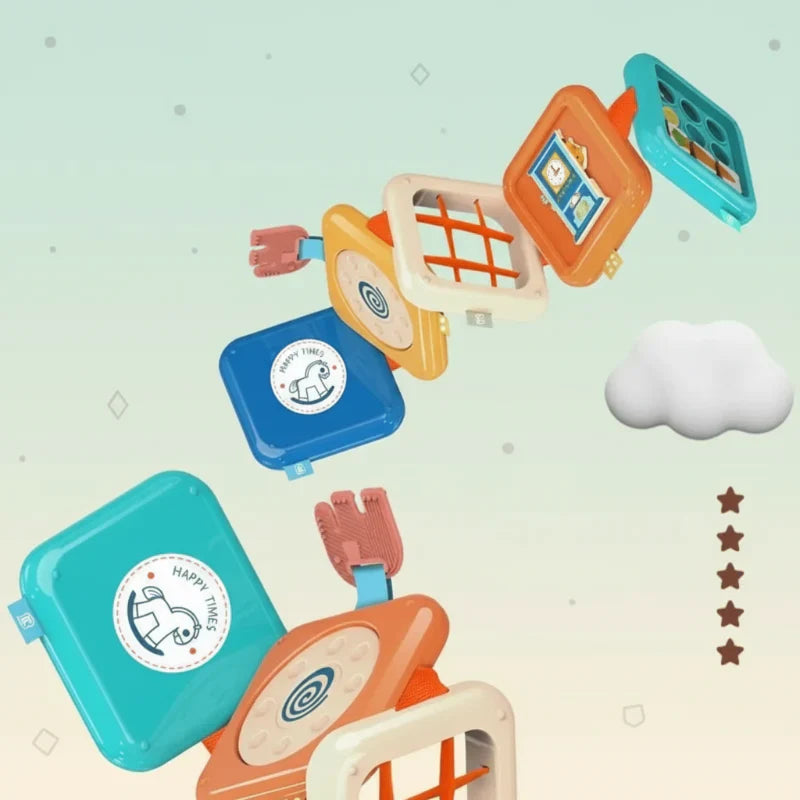 Montessori-inspired baby activity board, designed for travel to enhance fine motor skills in young children