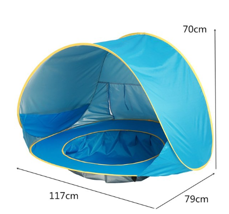 Blue pop-up baby tent with UV protection and wading pool for beach trips. Essential toddler gear.