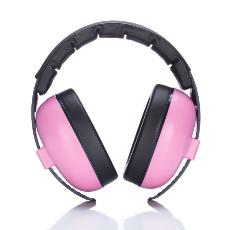 Close-up of comfortable, adjustable baby noise cancelling headphones, effective ear protection for sleep or travel.