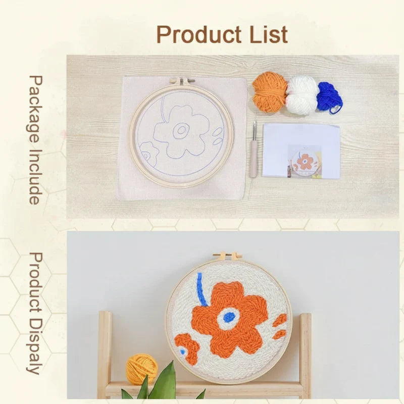 Overview of a beginners embroidery kit with all essentials for a DIY floral pattern project