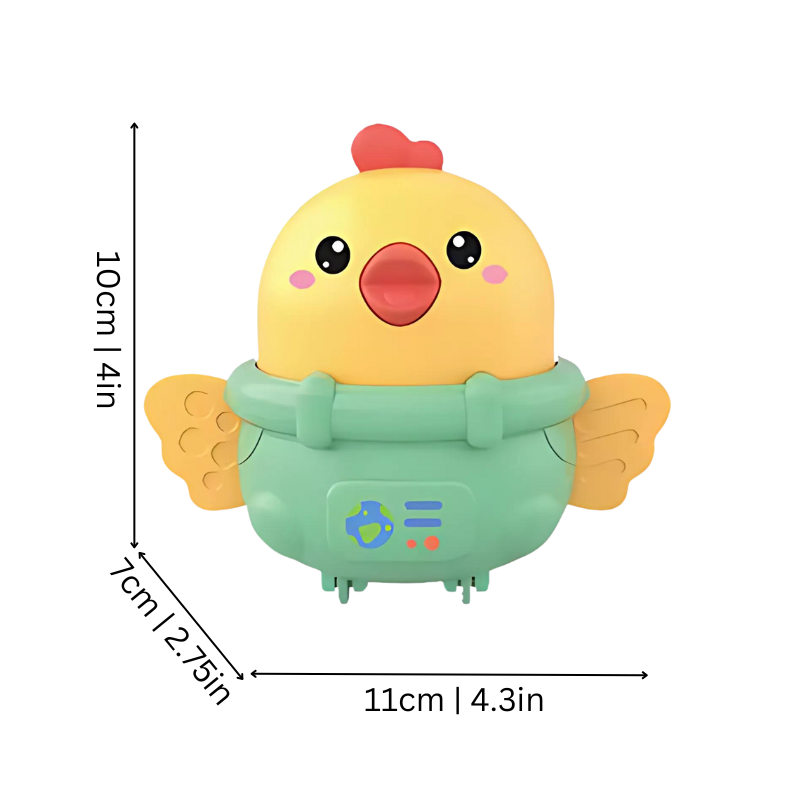 Battery-free friction-powered chicken toy in a vibrant yellow, perfect for kids' educational play.