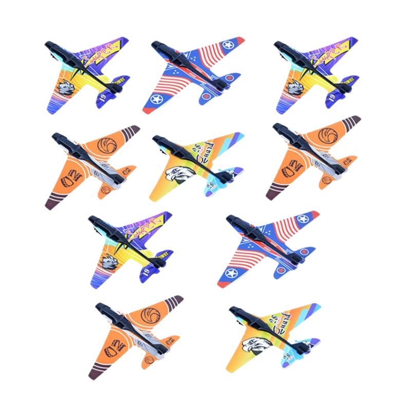 Assortment of colorful foam planes and launchers, ideal outdoor play toys for active children and backyard fun.