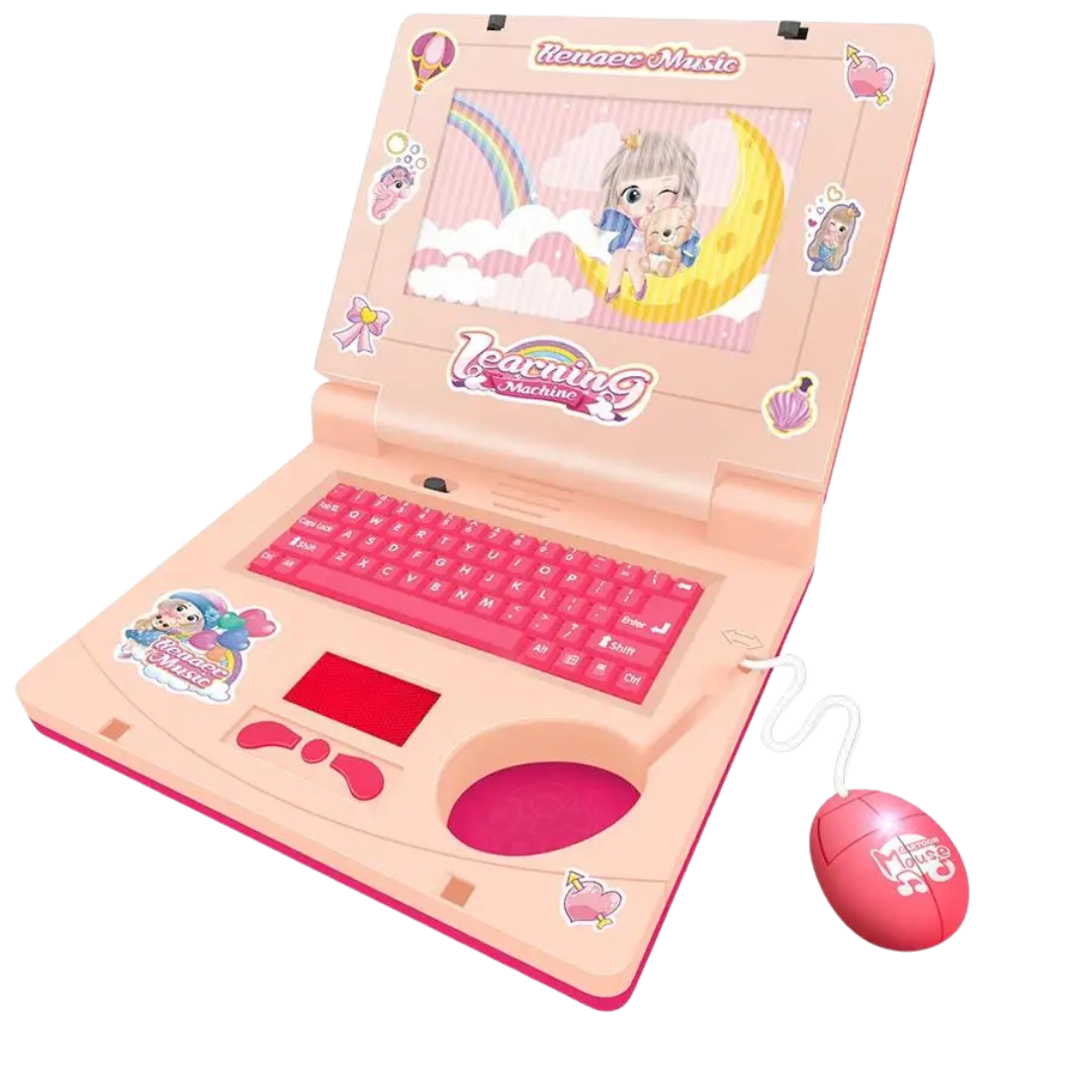 Close-up of a kids' musical laptop toy, showing a child's hands on the keyboard, playing and learning.