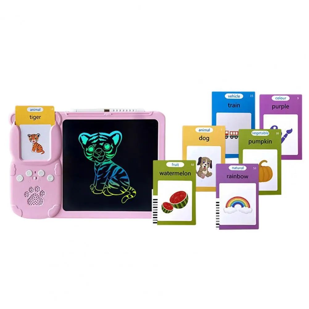 Kids' educational tablet with a visible flashcard activity, encouraging early learning and drawing.