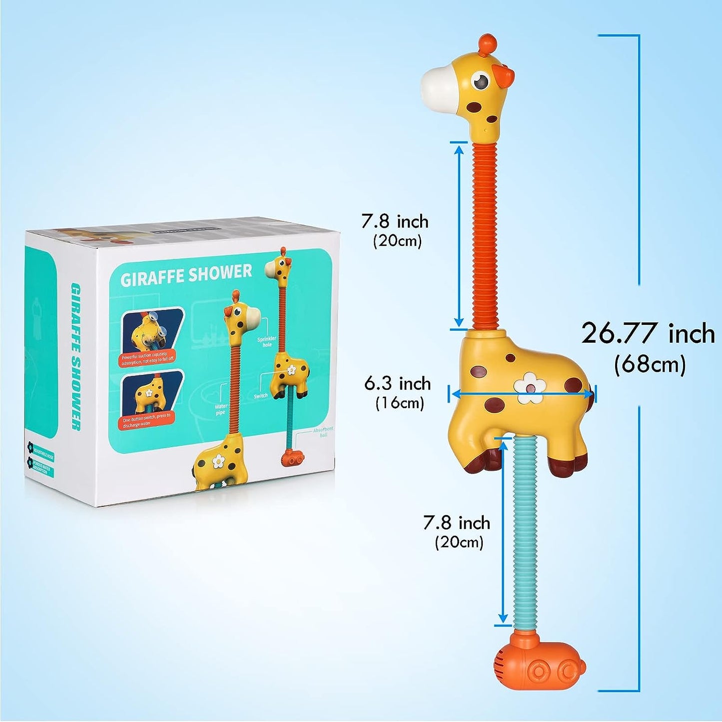 Yellow giraffe bath toy floating in water, designed for children's sensory and educational play