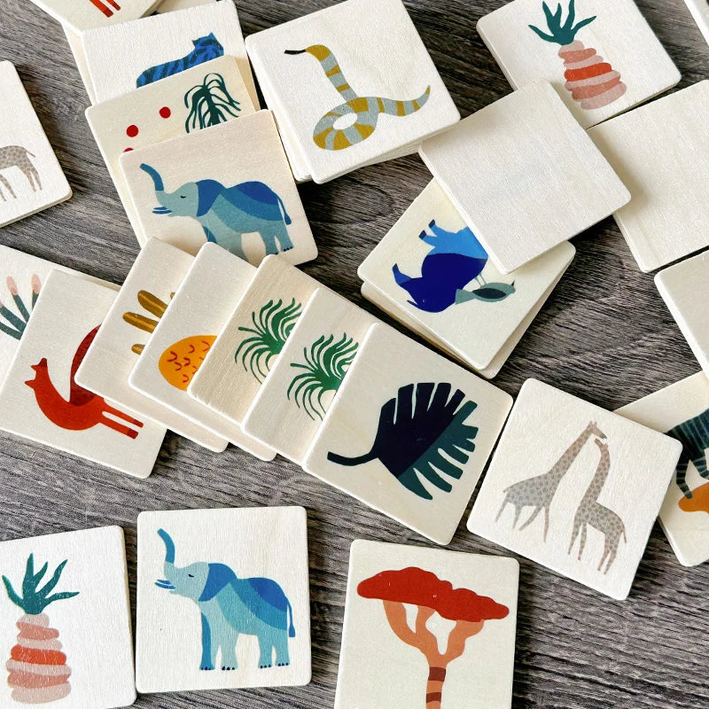 Vibrant wooden memory game with jungle animal themes, an ideal educational toy for young learners.