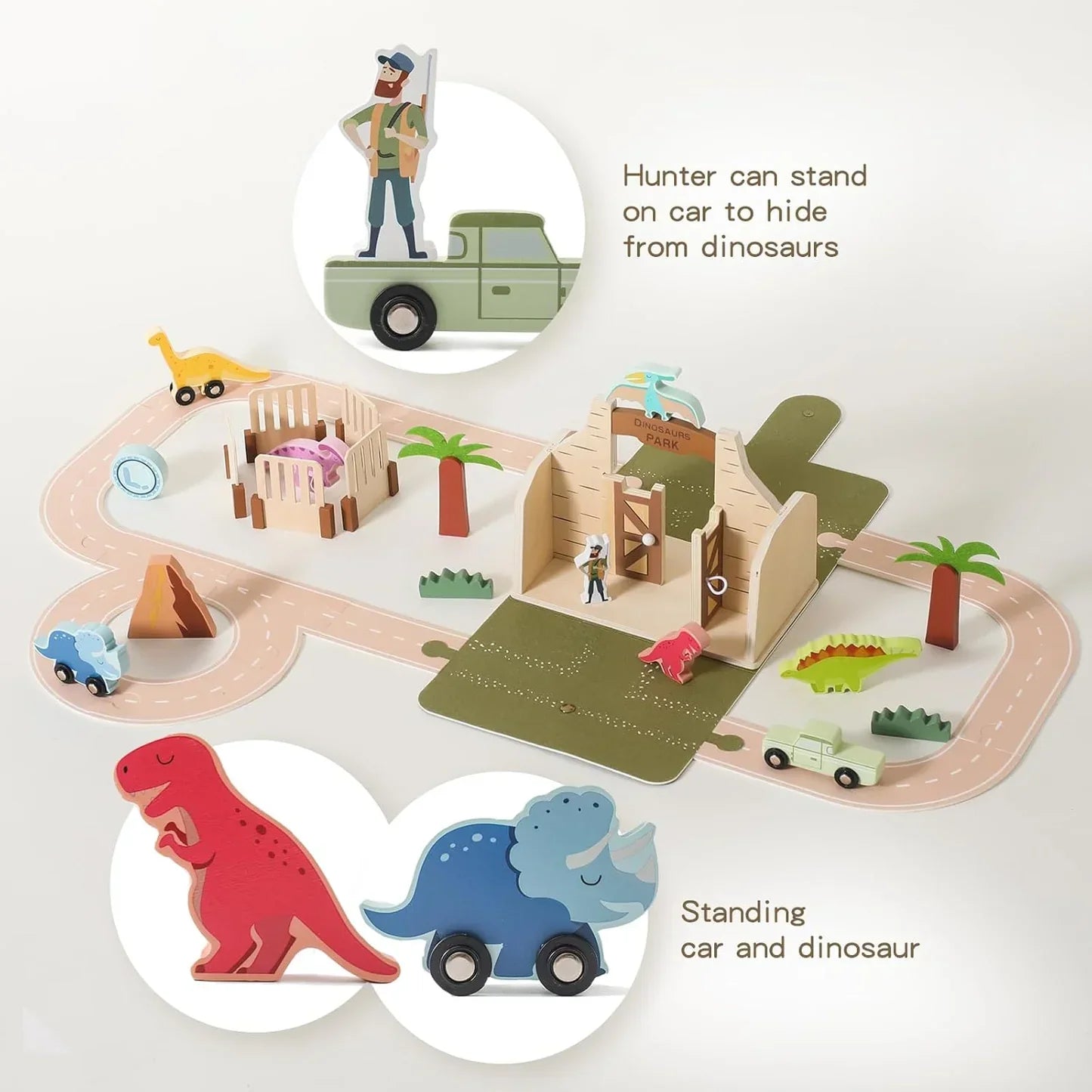 Eco-friendly wooden dinosaur park set with diverse elements for engaging and educational kids' activities.