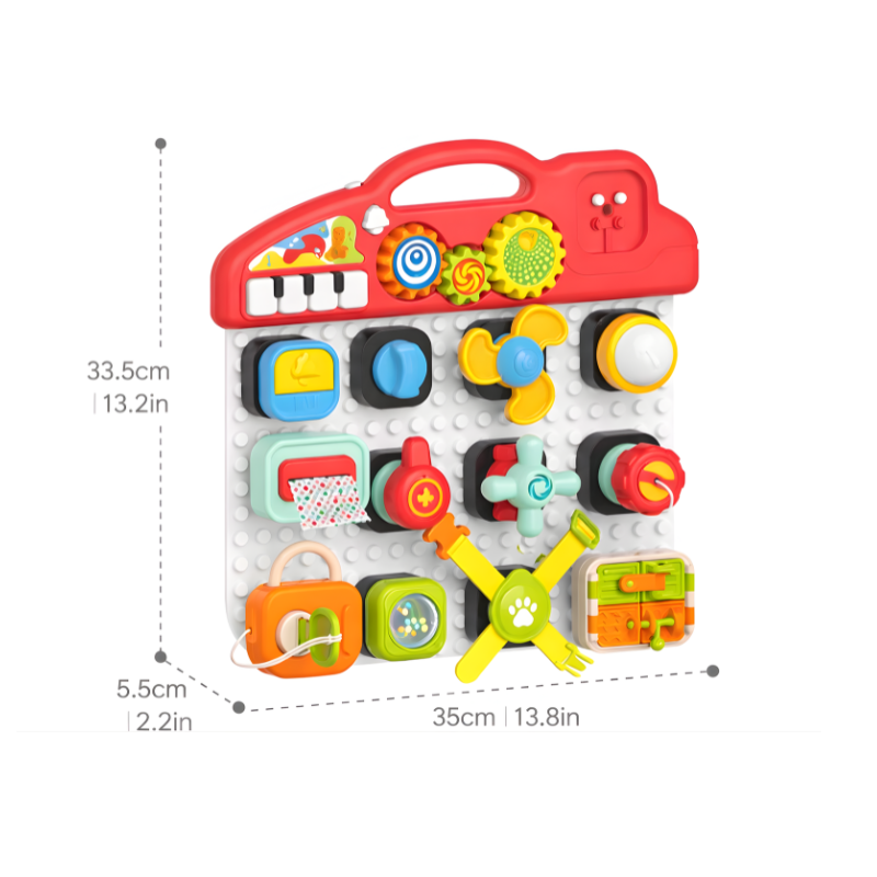 Interactive Montessori activity board for kids, promoting skill development with various closures and educational elements.