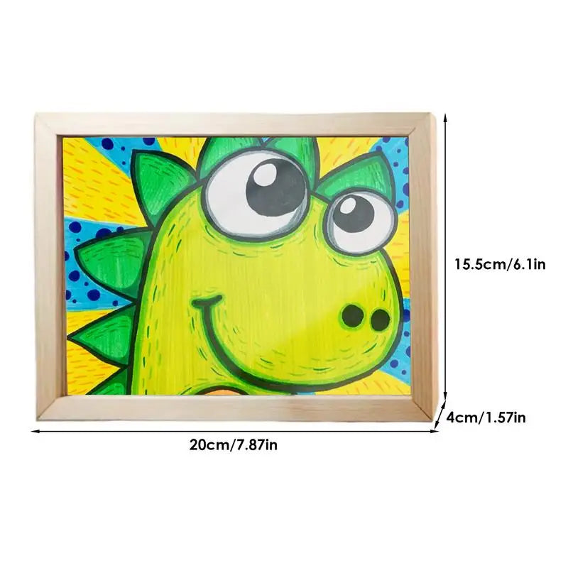 Children's wooden picture frame for rotating art, encourages creativity and organized kids crafts display.