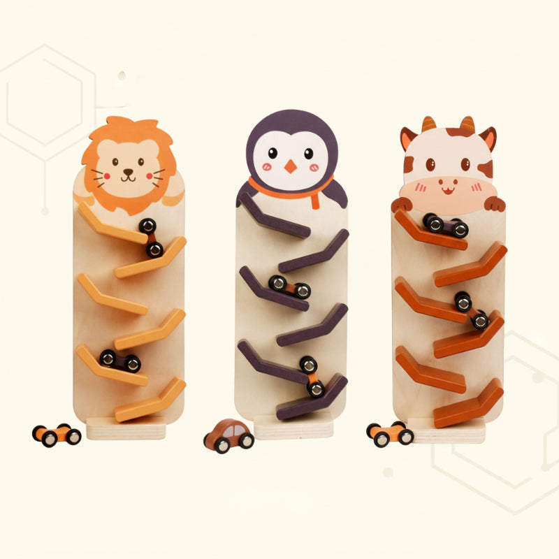 Sustainable wooden car roller track. Eco-friendly educational toy for children. Inspires active play and early learning.