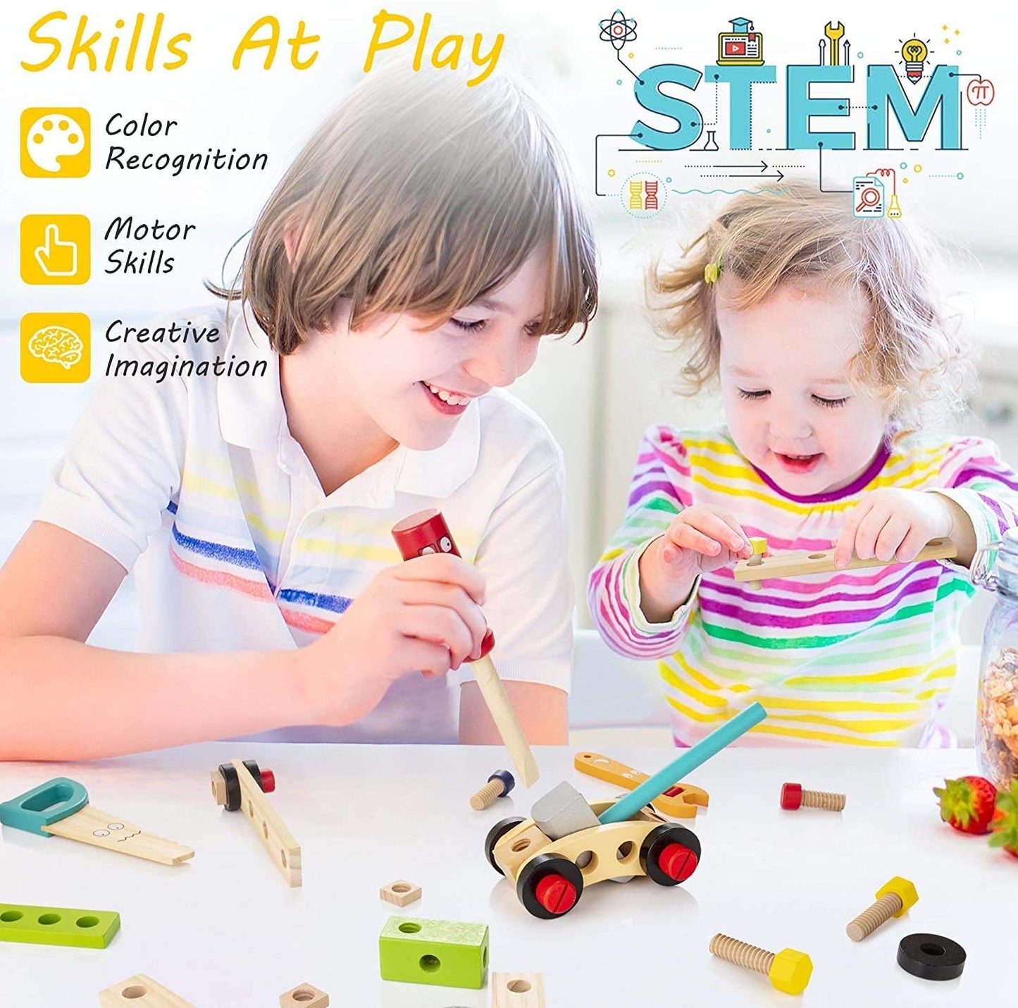 Toddler using a wooden hammer from an educational toy toolkit, fostering motor skills development.